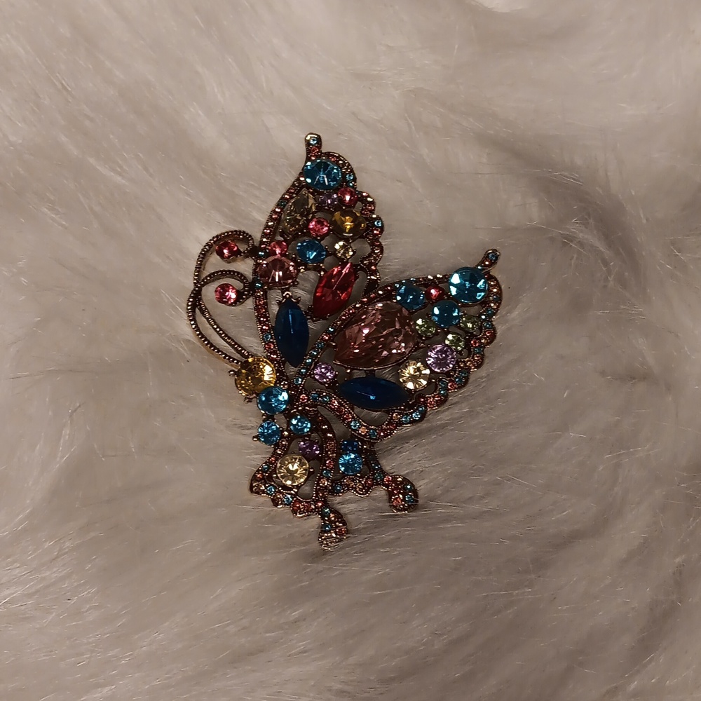 Multi Colored Large Crystal Butterfly Brooch - image 1